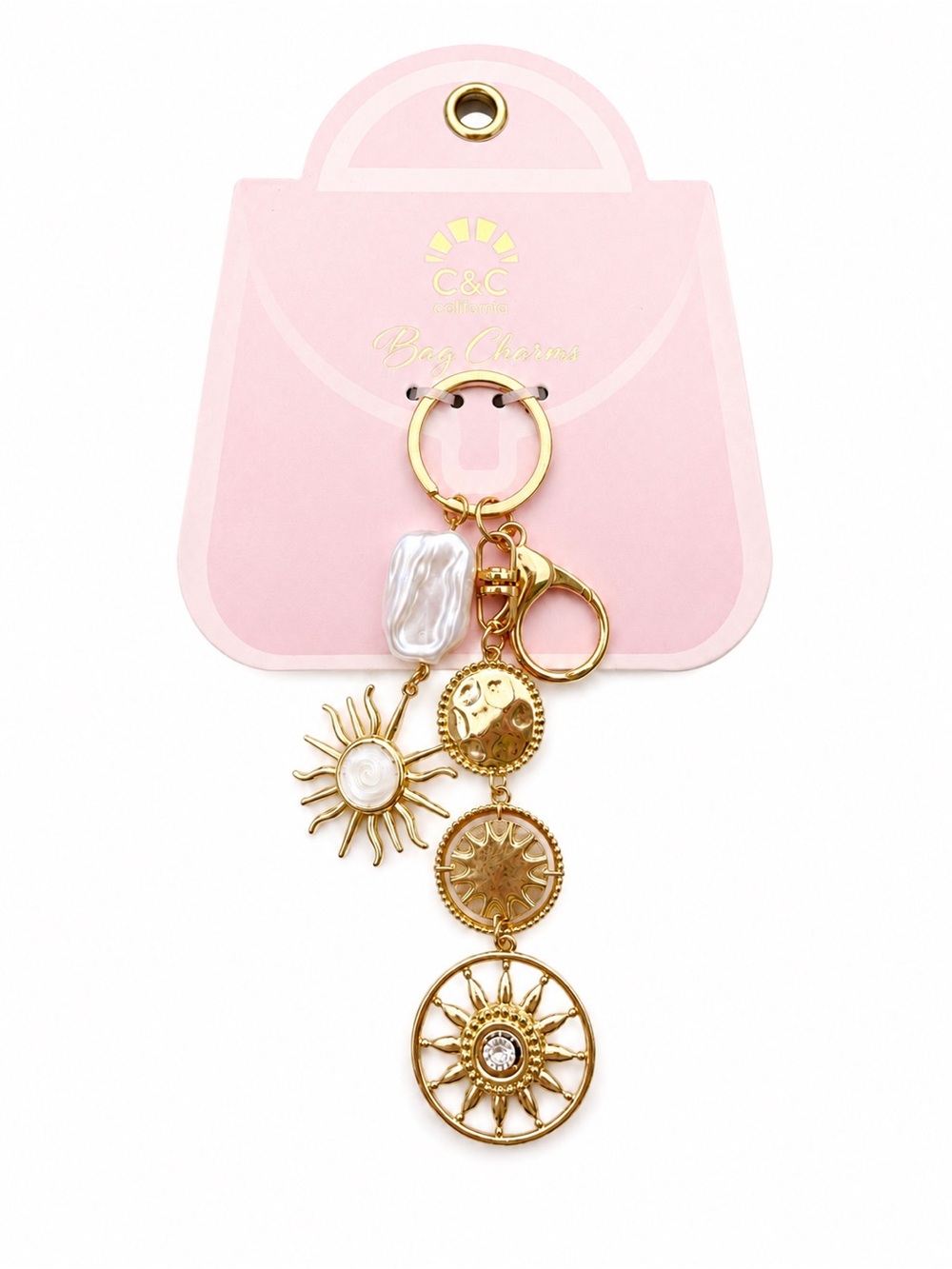 Gold Tone Sunburst & Pearl Accent Bag Charm